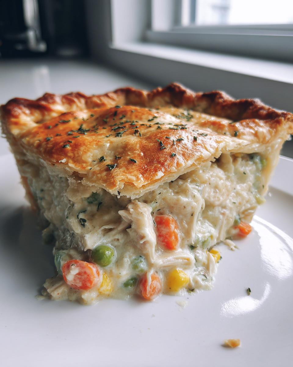 A close-up of a thick slice of turkey pot pie recipe showing creamy filling, shredded turkey, peas, and carrots under a flaky golden crust.