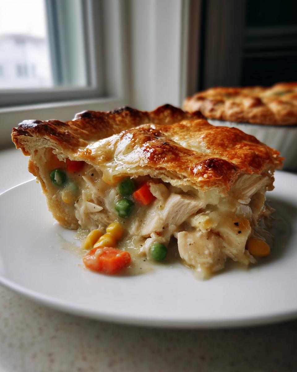 A close-up slice of turkey pot pie recipe showing flaky golden crust and creamy filling with turkey, carrots, peas, and corn.