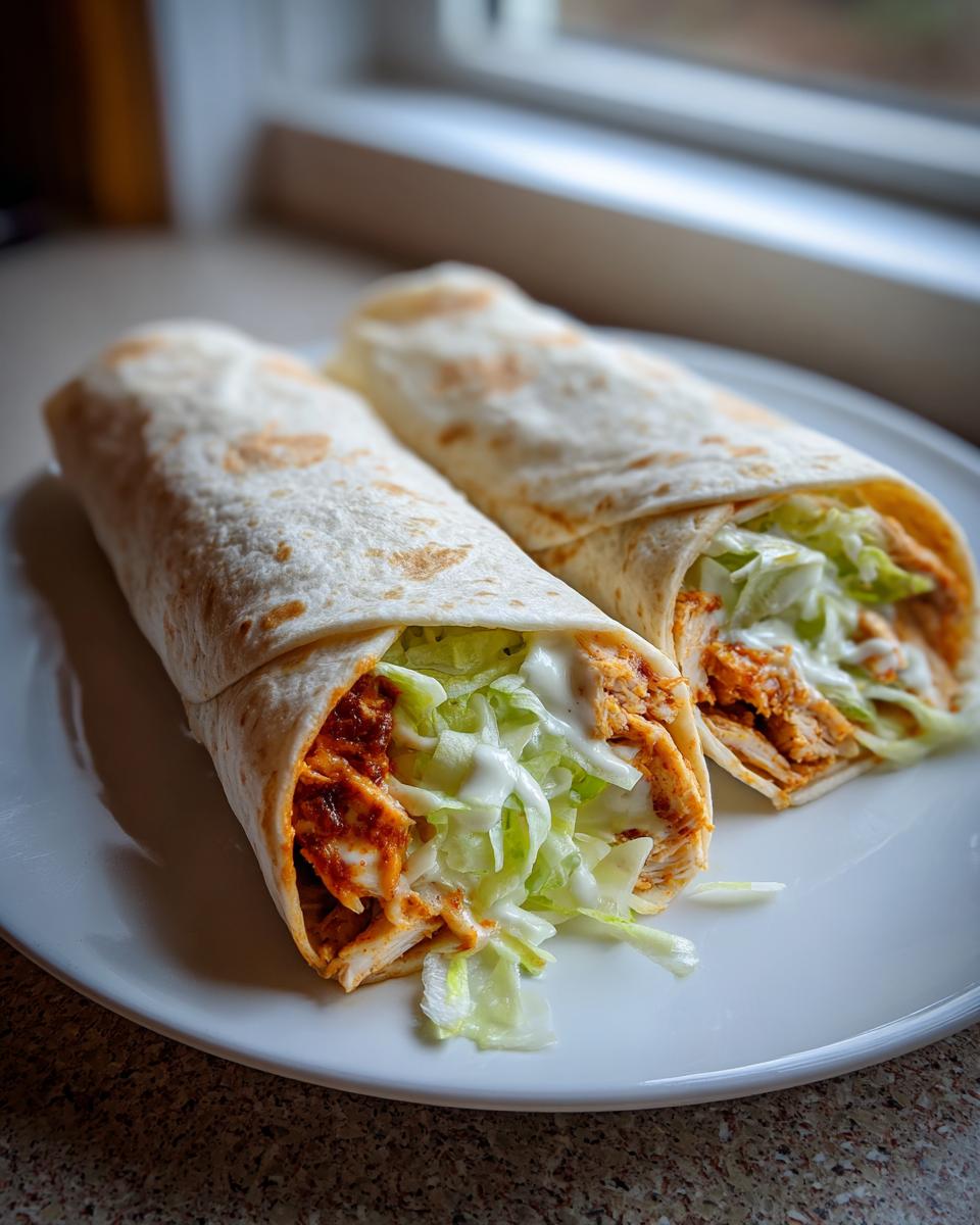 Two halves of a fresh buffalo chicken wrap filled with spicy chicken, lettuce, and ranch dressing, served on a white plate.