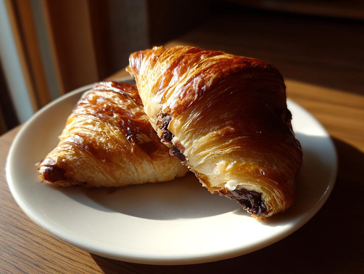 Two perfectly baked, flaky chocolate croissant pastries resting on a light-colored plate, illuminated by strong sunlight.