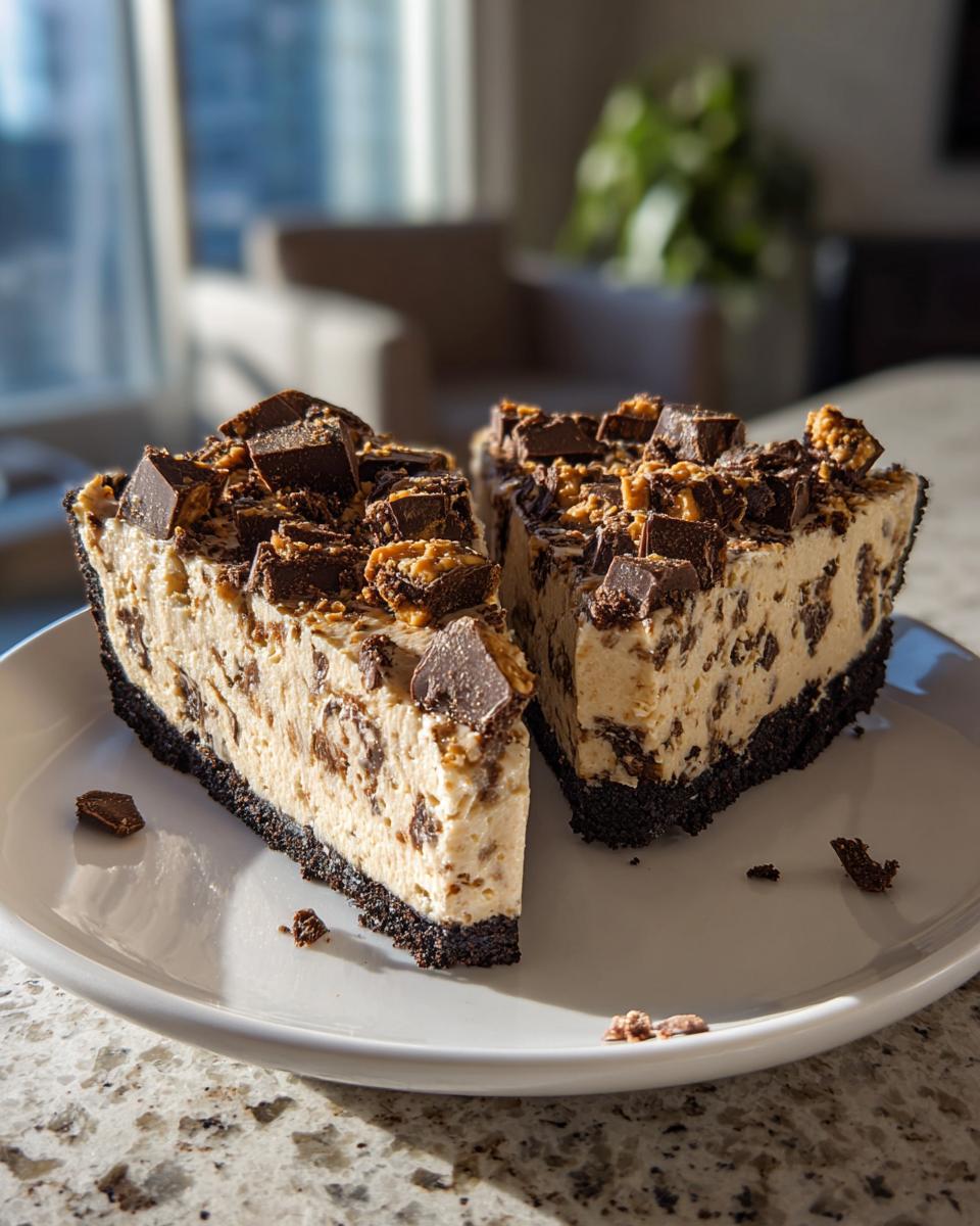 Two generous slices of creamy butterfinger pie with a dark chocolate crust, topped with chopped candy pieces.