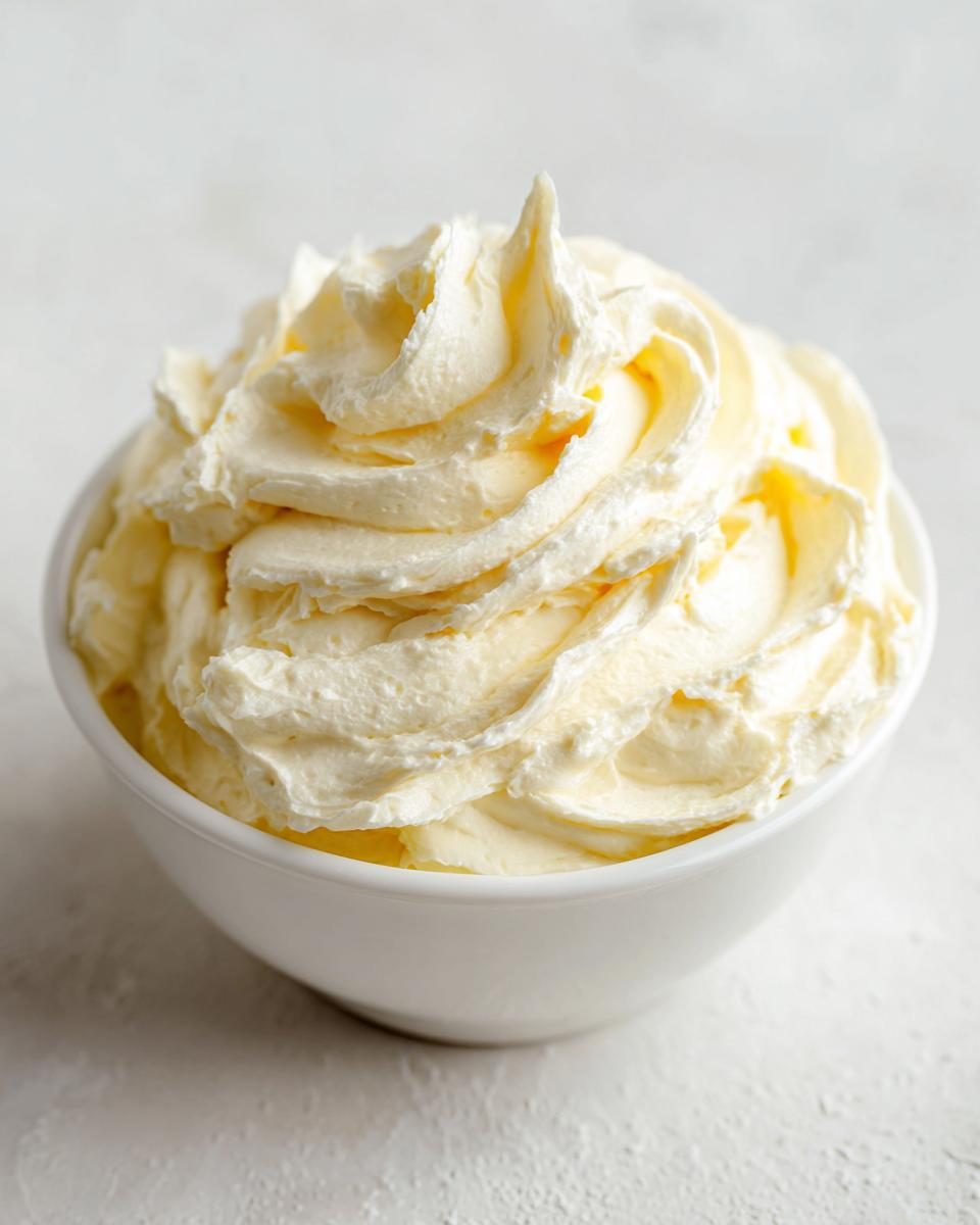 A white bowl filled high with peaks of light yellow vanilla buttercream frosting.