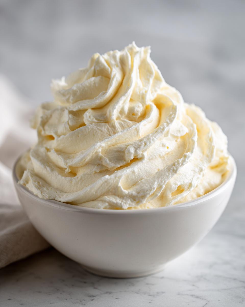 A generous swirl of light yellow vanilla buttercream frosting piled high in a small white bowl.