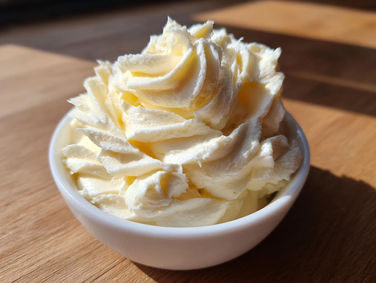 A close-up of perfectly piped swirls of creamy vanilla buttercream frosting in a small white bowl.