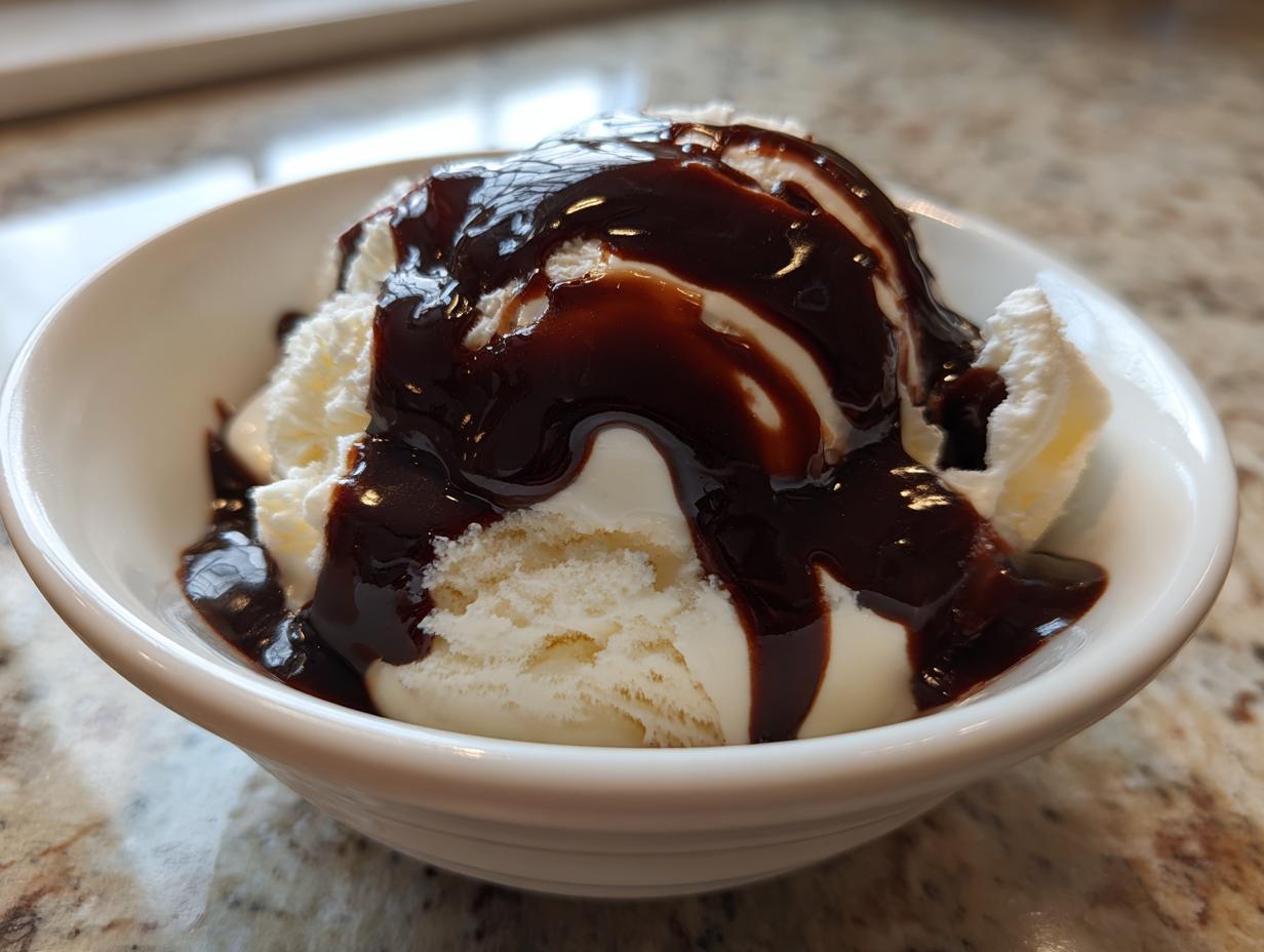 A scoop of vanilla ice cream generously covered in homemade chocolate syrup in a white bowl.