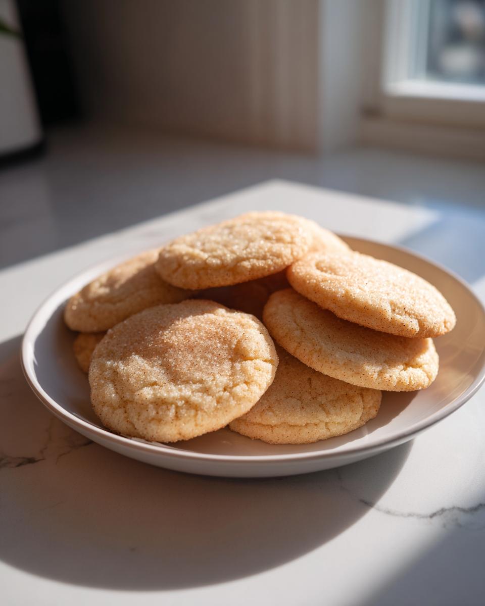 A stack of soft, round vegan sugar cookies coated in cinnamon sugar resting on a light plate.