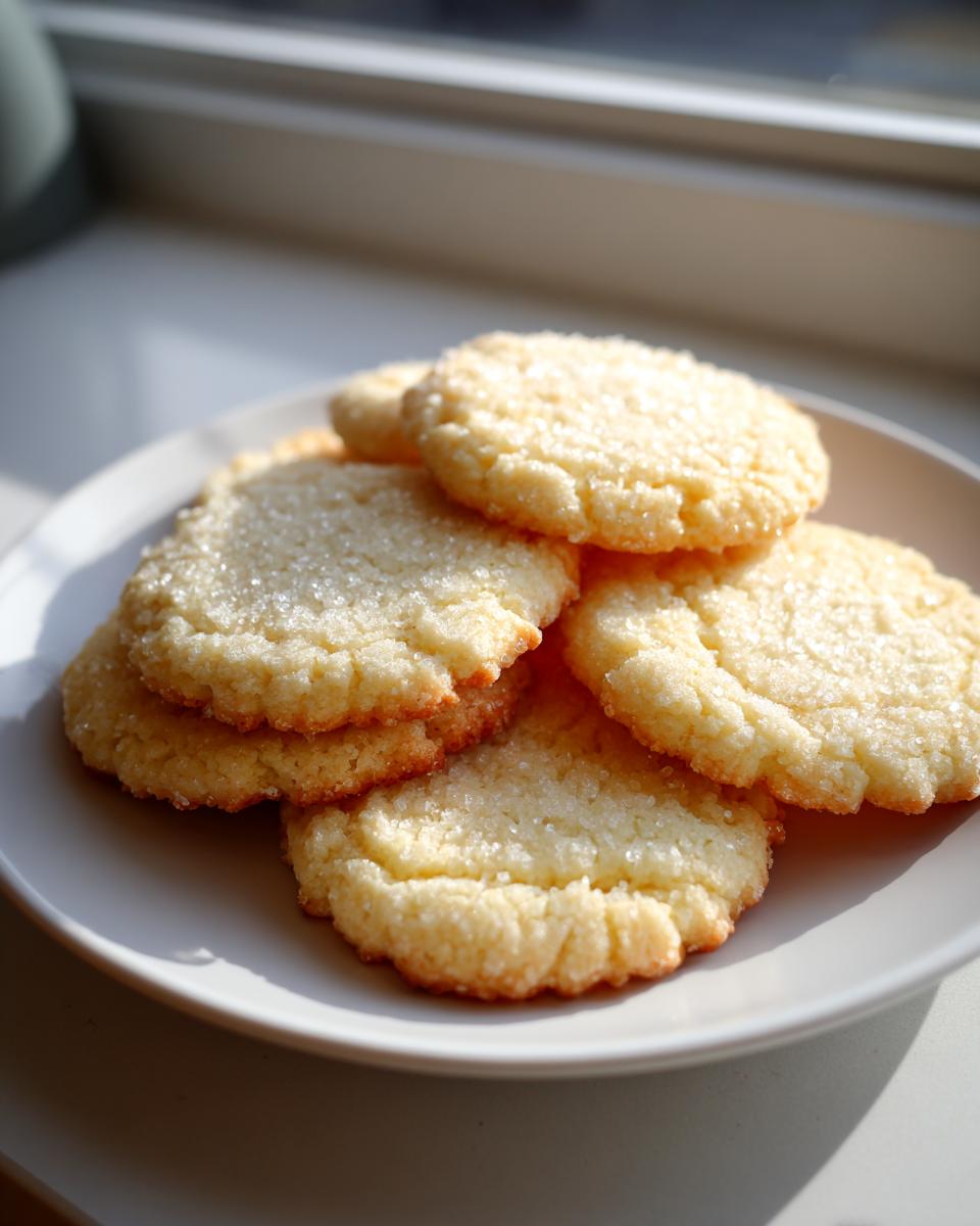 A stack of freshly baked vegan sugar cookies, lightly golden and sprinkled with coarse sugar, sitting on a white plate.