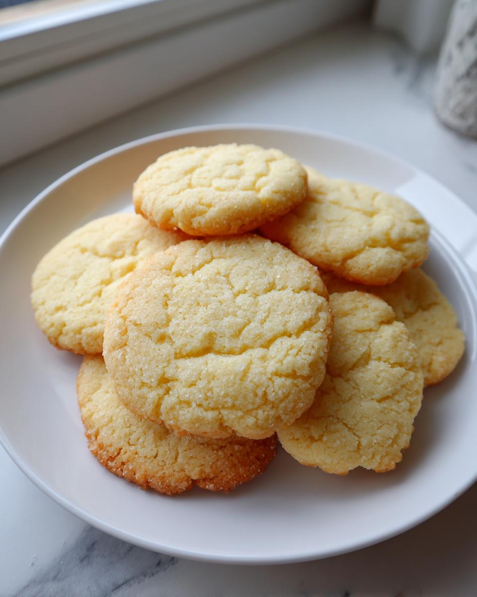 A stack of freshly baked, slightly crackled vegan sugar cookies coated in sparkling sugar, resting on a white plate.
