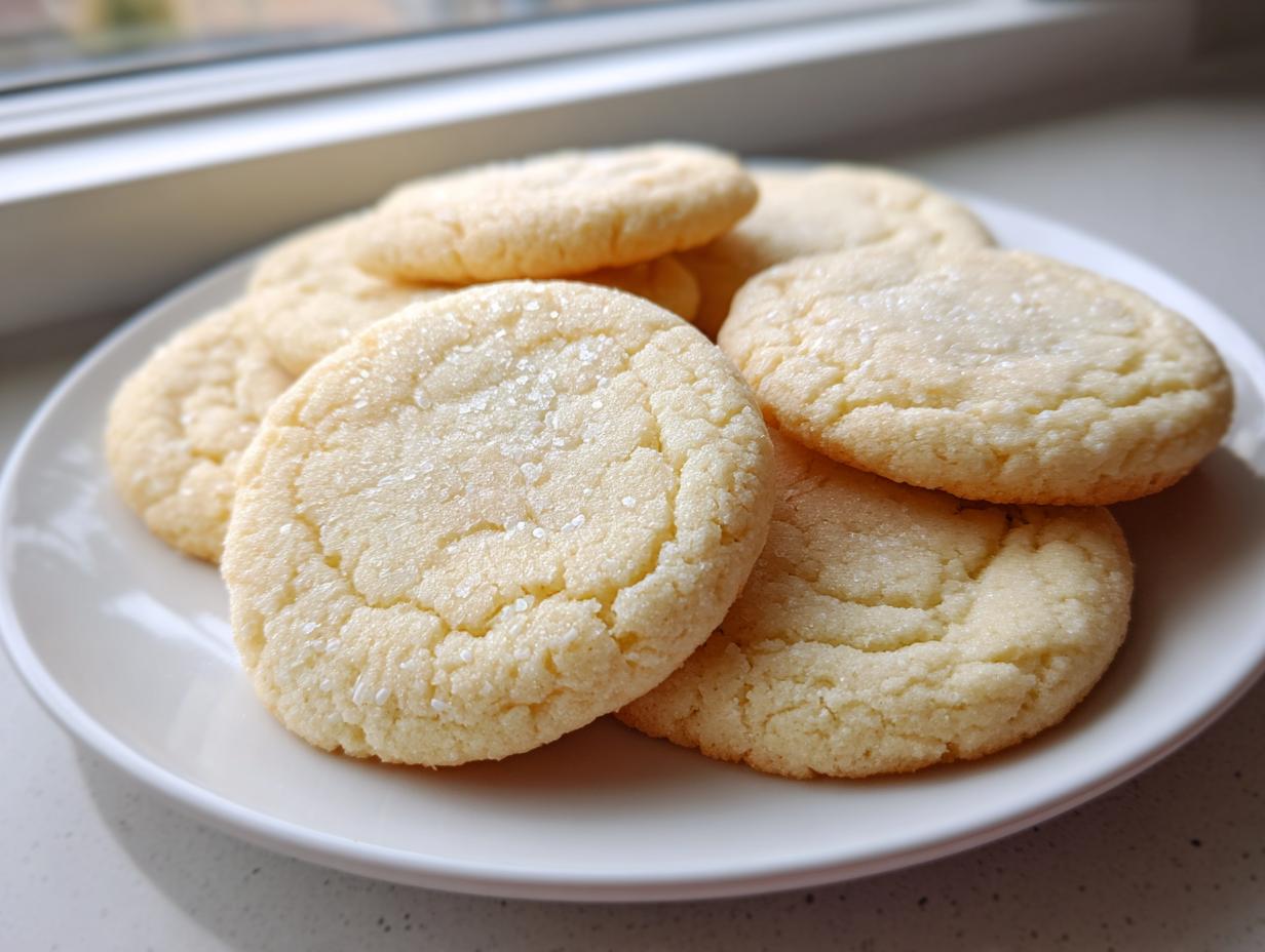 A stack of freshly baked, round vegan sugar cookies sprinkled with coarse sugar, resting on a white plate.