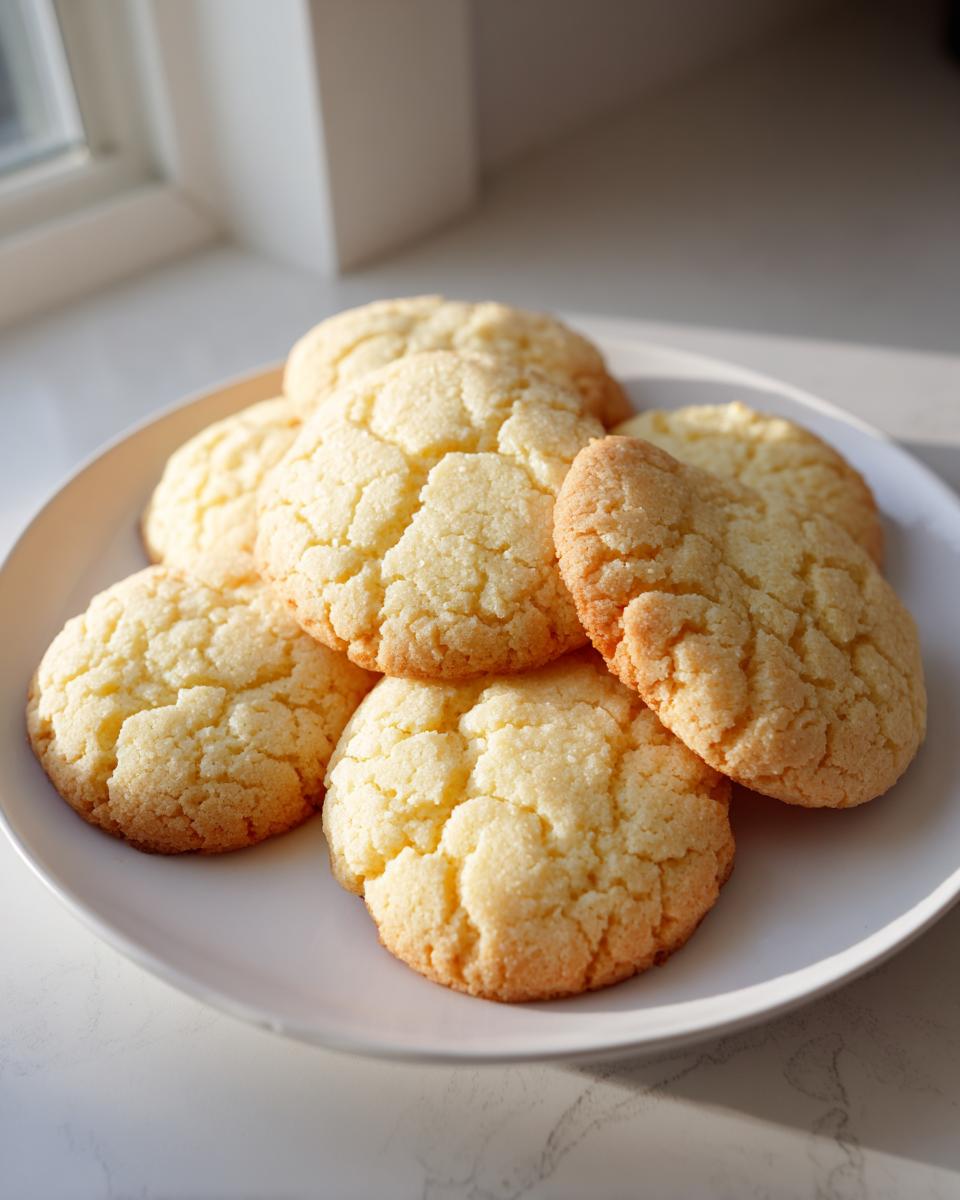 A stack of golden, crinkled vegan sugar cookies resting on a white plate near a window.