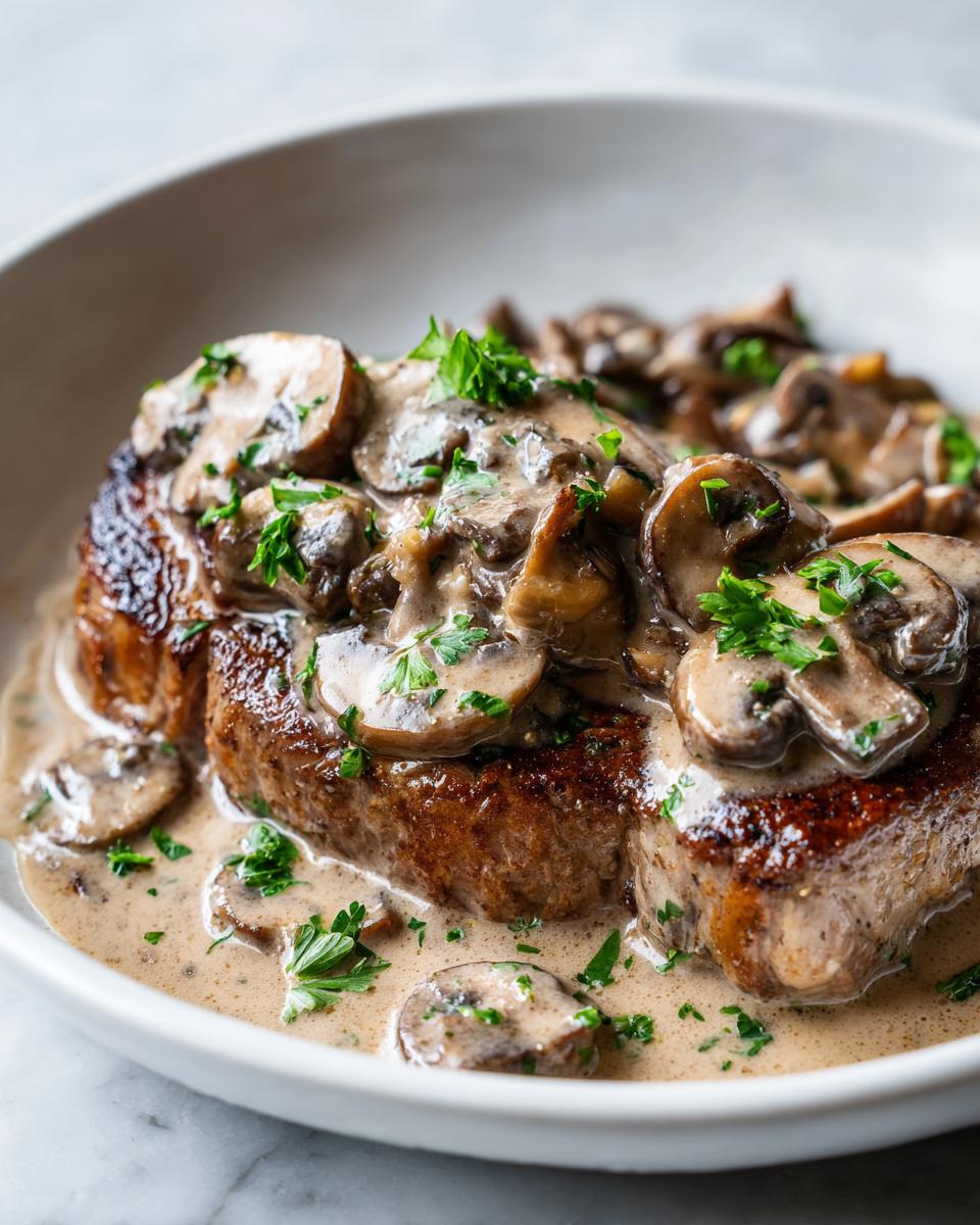 Close-up of a seared steak generously topped with creamy, velvety mushroom sauce and fresh parsley.