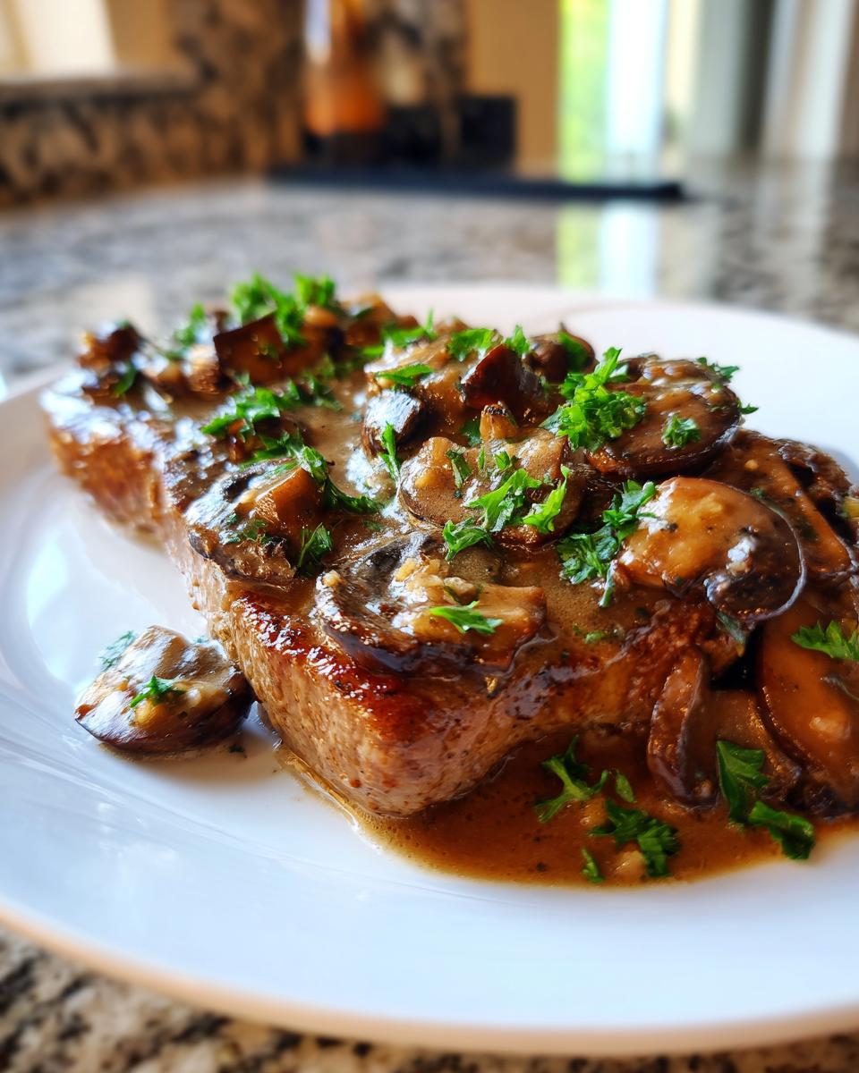 A perfectly cooked steak generously covered with a rich, velvety mushroom sauce and fresh parsley.