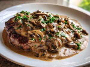 A perfectly cooked steak generously covered in a rich, velvety mushroom sauce and garnished with parsley.