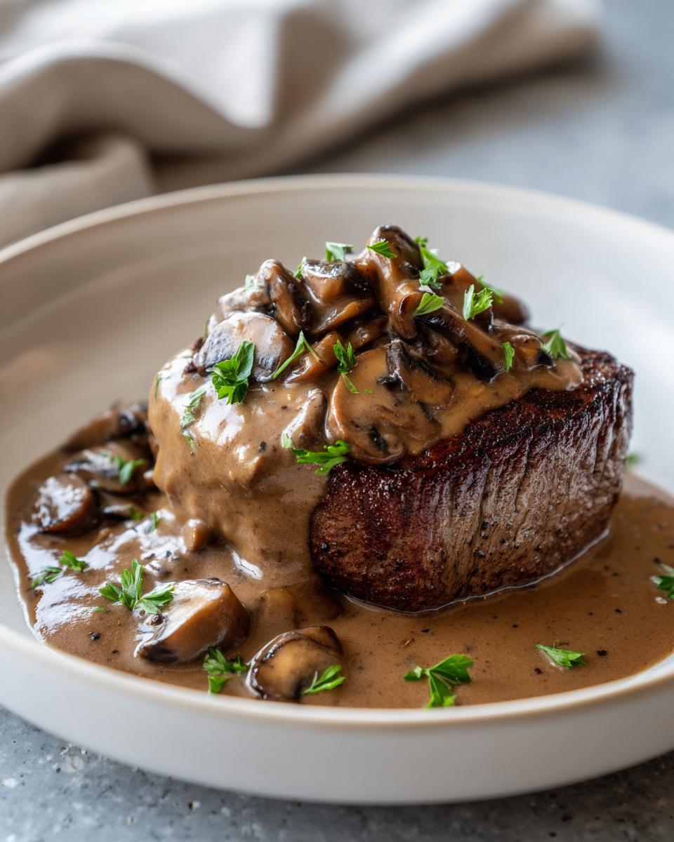 A perfectly seared steak smothered in rich, velvety mushroom sauce and garnished with fresh parsley.