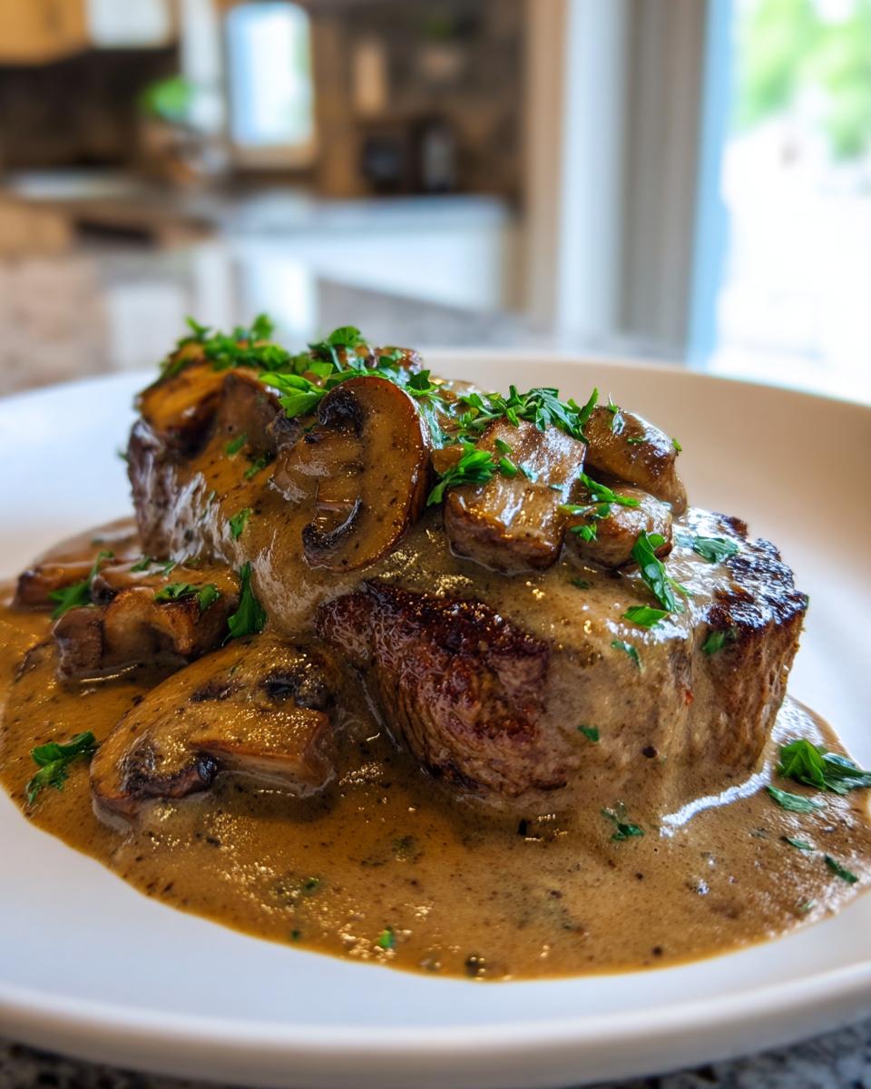 A perfectly cooked steak smothered in a rich, velvety mushroom sauce and garnished with fresh parsley.