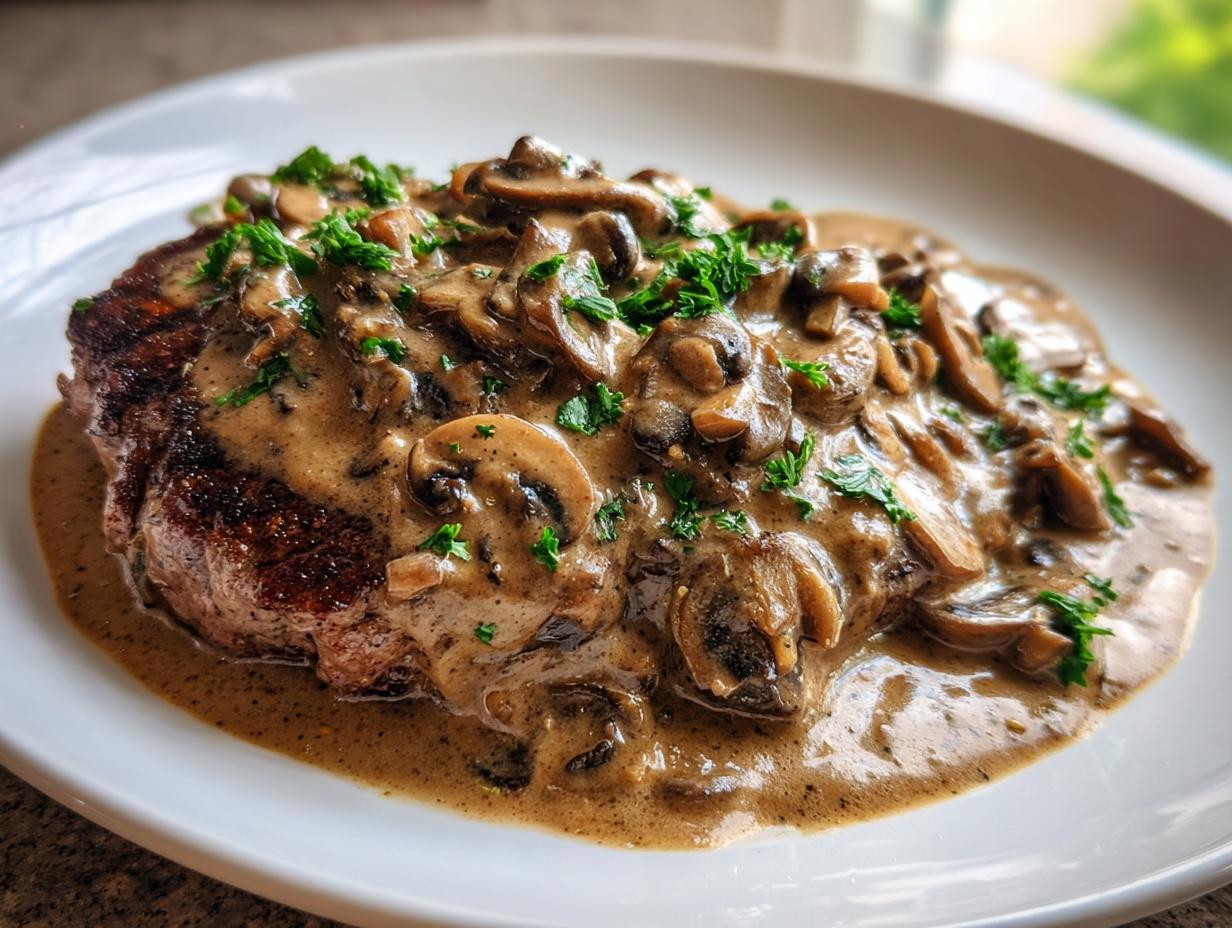 A perfectly cooked steak generously covered in a rich, velvety mushroom sauce and garnished with parsley.