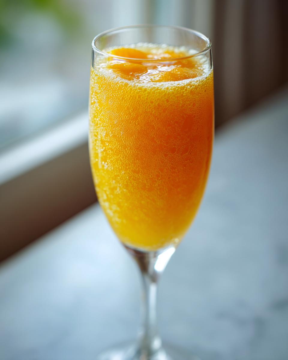 Close-up of a vibrant orange bellini recipe cocktail in a champagne flute, showing bubbles and peach pieces.