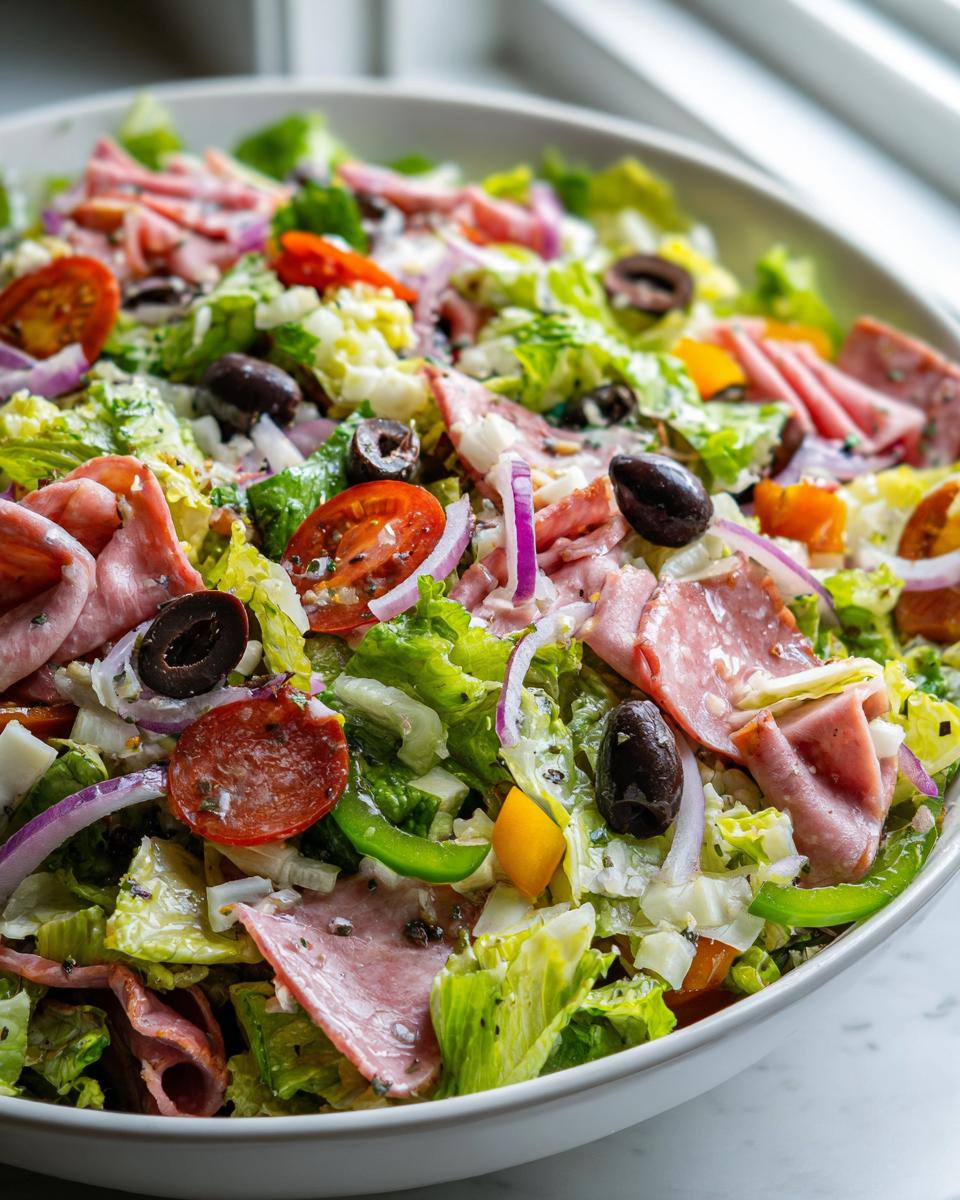 A vibrant, close-up view of a hearty grinder salad featuring lettuce, deli meats, olives, tomatoes, and red onion.