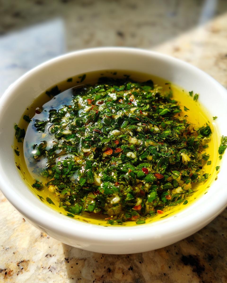 Close-up of a white bowl filled with bright green herbs, garlic, and red pepper flakes submerged in golden olive oil for an olive oil bread dip.