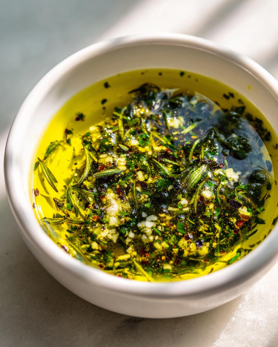 Close-up of a white bowl filled with bright yellow olive oil bread dip featuring chopped garlic, rosemary, and red pepper flakes.
