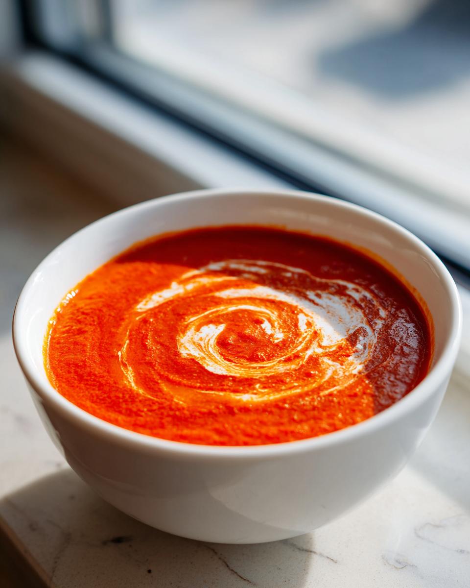 Close-up of vibrant roasted tomato soup in a white bowl with a cream swirl garnish.