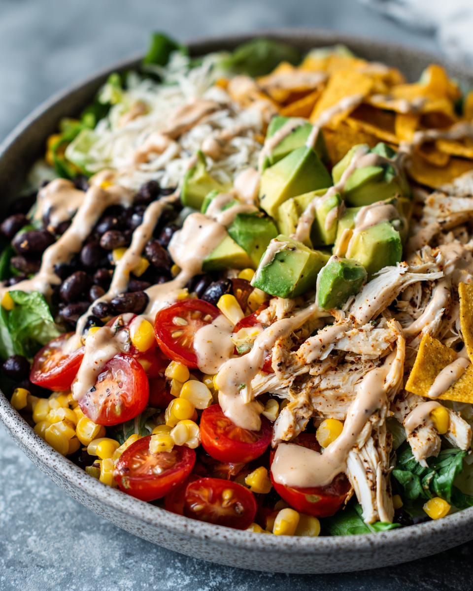 Close-up of a vibrant southwest salad bowl topped with shredded chicken, avocado, black beans, corn, tomatoes, and creamy dressing.