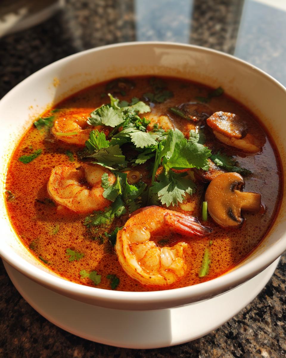 Close-up of a steaming bowl of rich, orange-red tom yum soup featuring large shrimp and sliced mushrooms, garnished with fresh cilantro.
