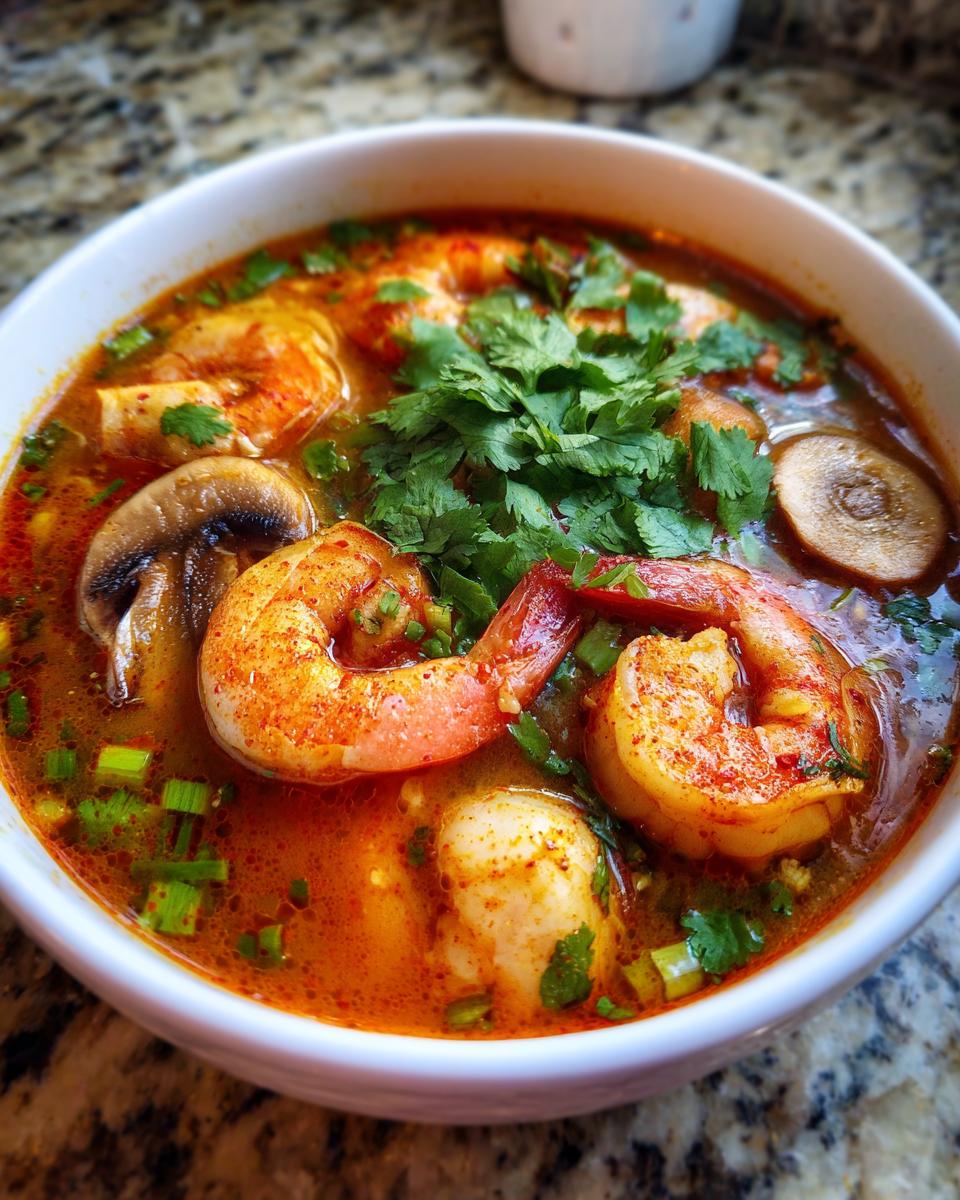 Close-up of a steaming bowl of spicy tom yum soup featuring large shrimp, mushrooms, and fresh cilantro.