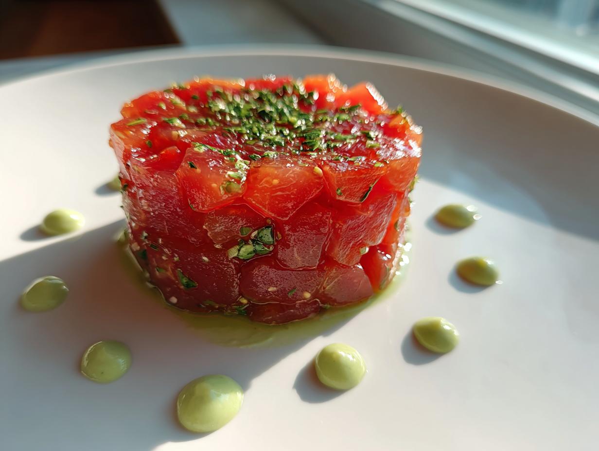 A vibrant, cylindrical portion of diced tuna tartare garnished with herbs, sitting on a white plate with drops of light green sauce.