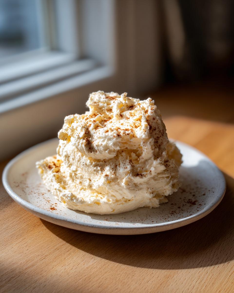 A mound of fluffy, whipped honey butter sprinkled with cinnamon on a small white plate.
