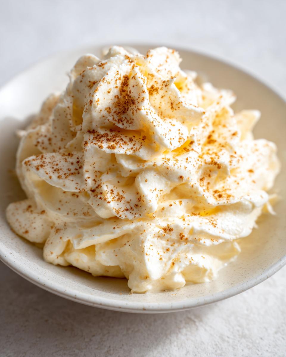 Close-up of a dollop of creamy, whipped honey butter recipe topped with a sprinkle of cinnamon.