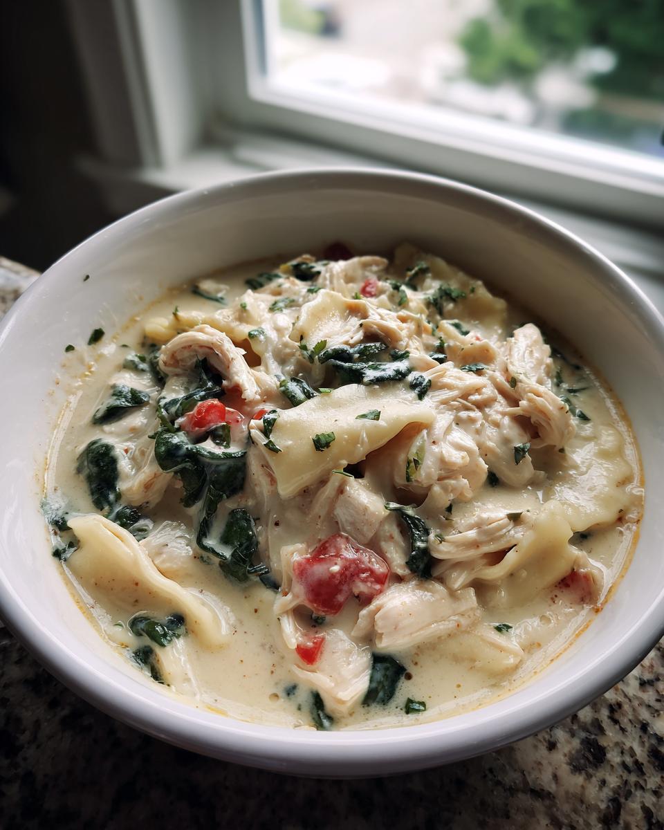 Close-up of a white bowl filled with creamy white chicken lasagna soup, featuring shredded chicken, spinach, and pasta pieces.