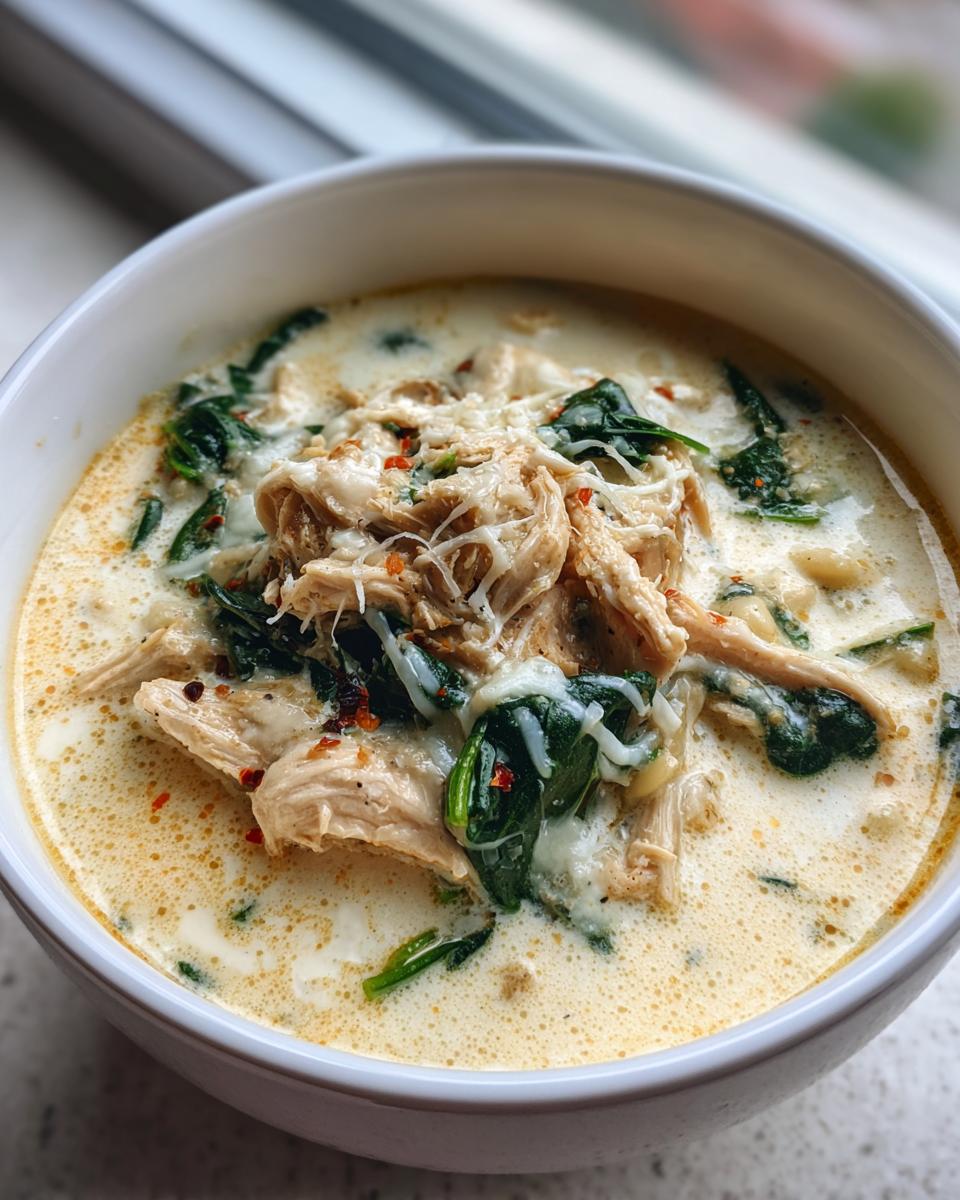 A close-up of a bowl of creamy white chicken lasagna soup topped with shredded chicken, spinach, and melted cheese.