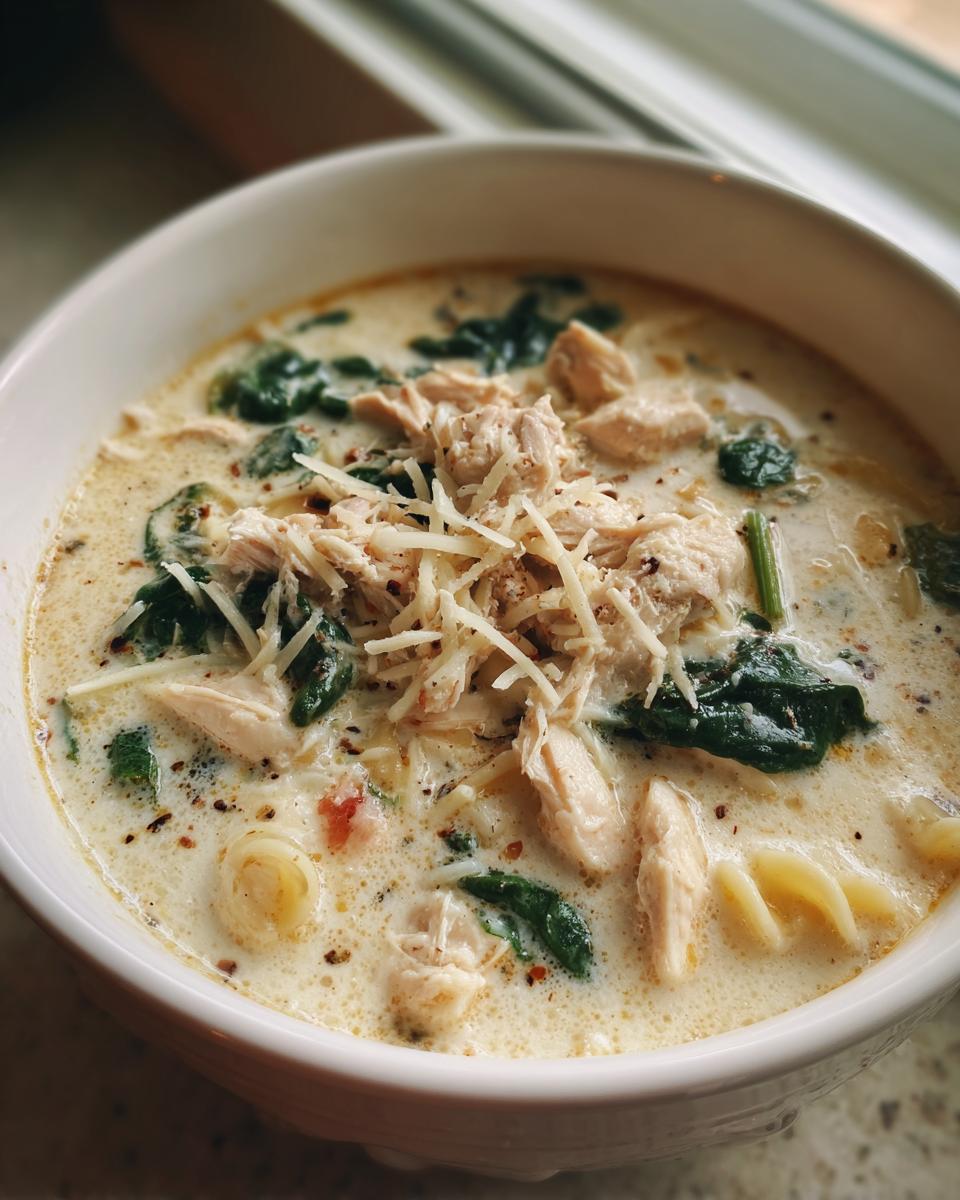 Close-up of a bowl of white chicken lasagna soup topped with shredded chicken, spinach, and Parmesan cheese.