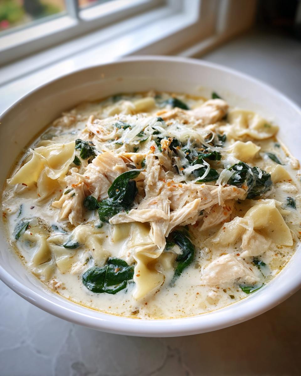 Close-up of a hearty bowl of white chicken lasagna soup, featuring shredded chicken, spinach, lasagna noodles, and Parmesan cheese.