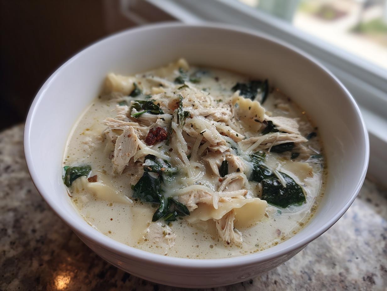 A close-up of a white bowl filled with creamy white chicken lasagna soup, featuring shredded chicken, spinach, and pasta.