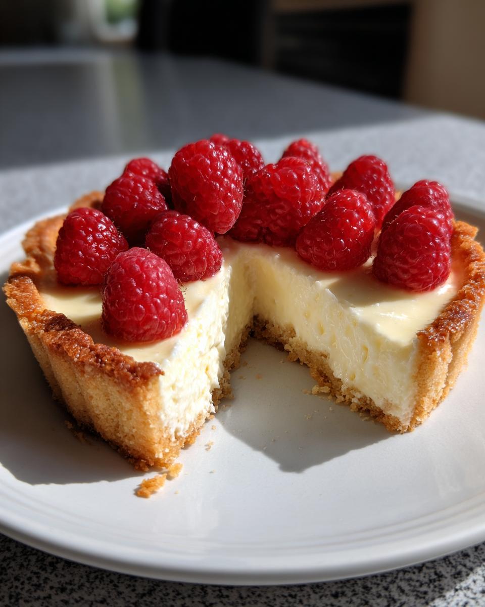 A close-up of a white chocolate mousse tart with a slice removed, topped generously with fresh red raspberries.