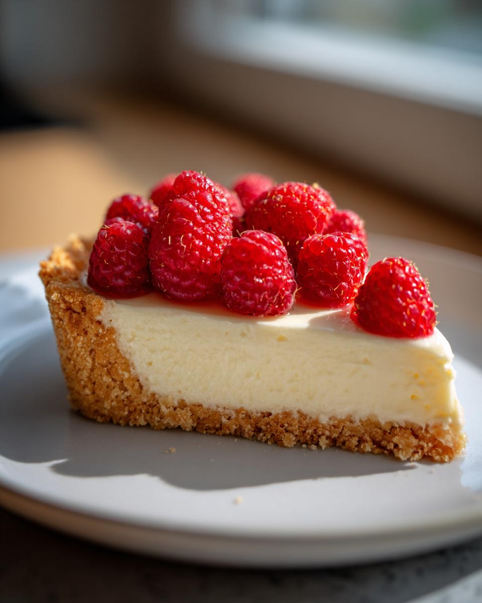 A perfect slice of creamy white chocolate mousse tart topped generously with fresh, bright red raspberries.