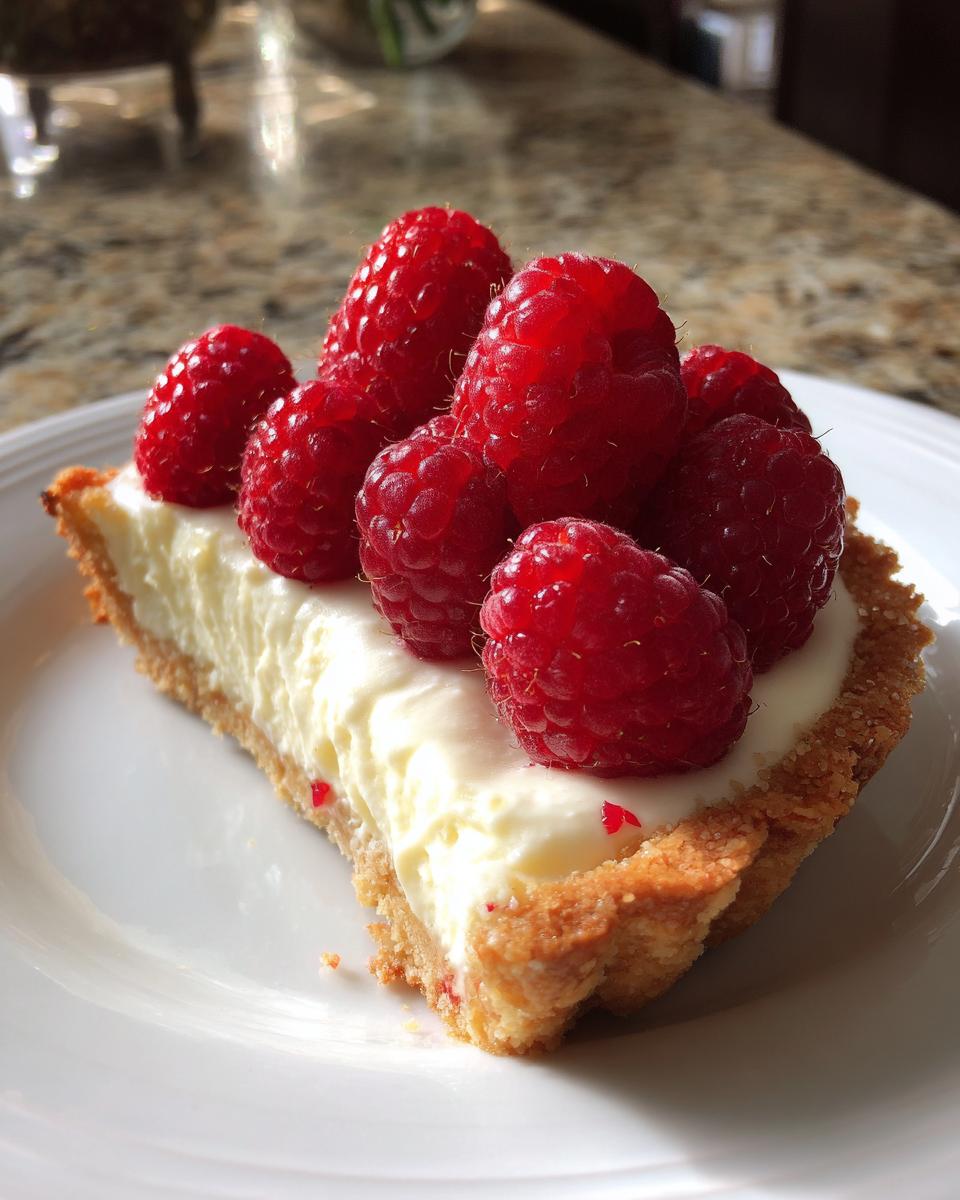A close-up of a slice of white chocolate mousse tart with a golden crust, topped generously with bright red fresh raspberries.