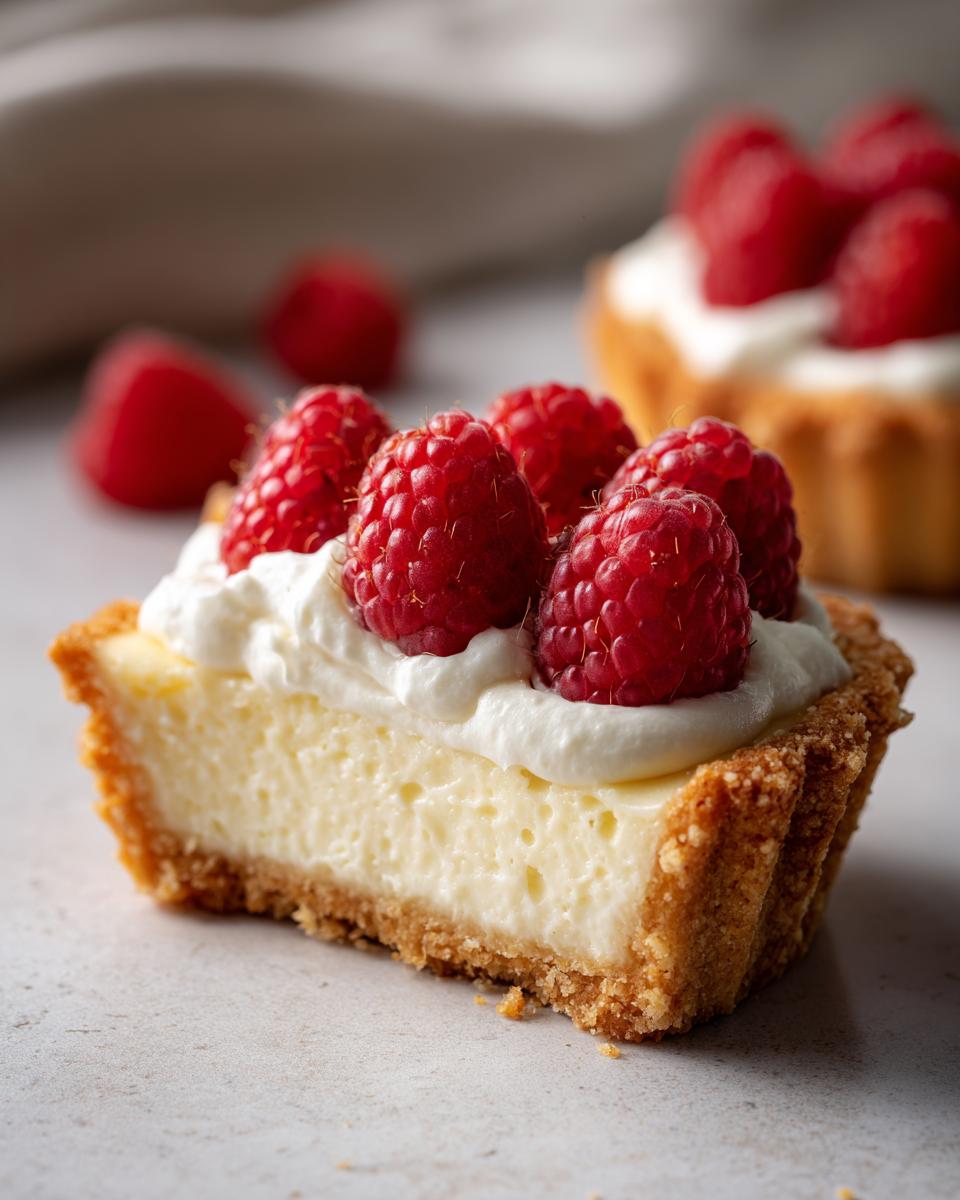 A close-up cross-section of a white chocolate mousse tart with a graham cracker crust, topped with whipped cream and fresh raspberries.