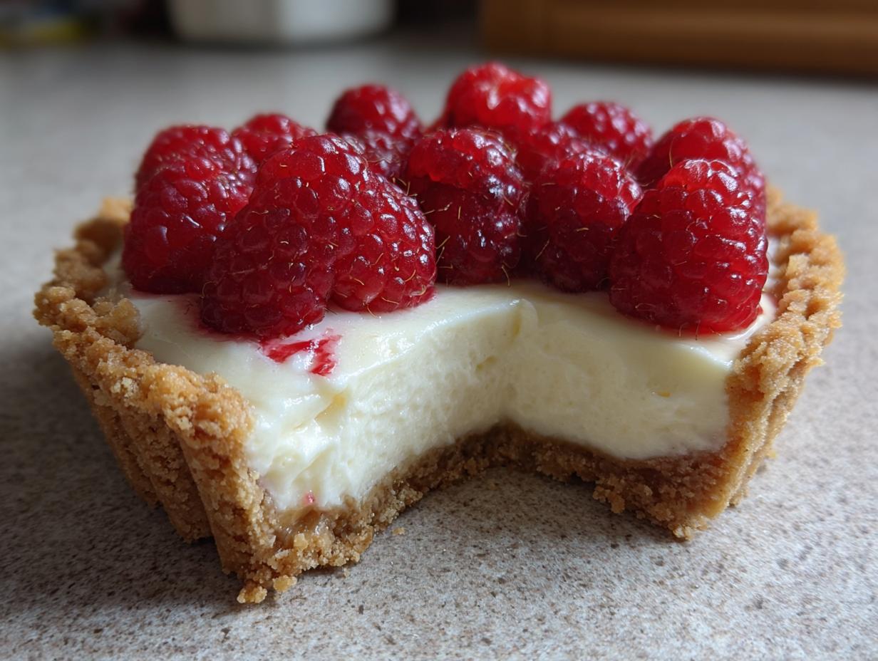 Close-up of a slice of white chocolate mousse tart with a crumbly crust, topped with fresh red raspberries.