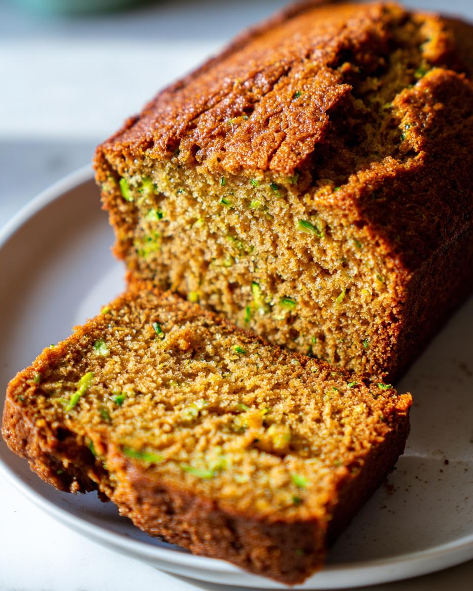 Close-up of a freshly baked loaf of zucchini banana bread, showing the moist texture and green shreds of zucchini.