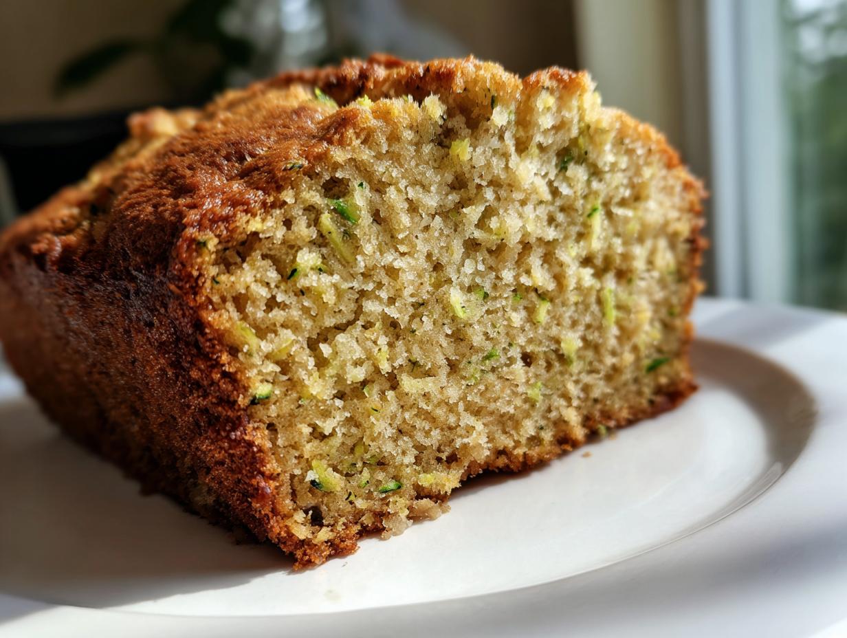 Close-up of a moist slice of zucchini banana bread showing the texture and green shreds of zucchini.