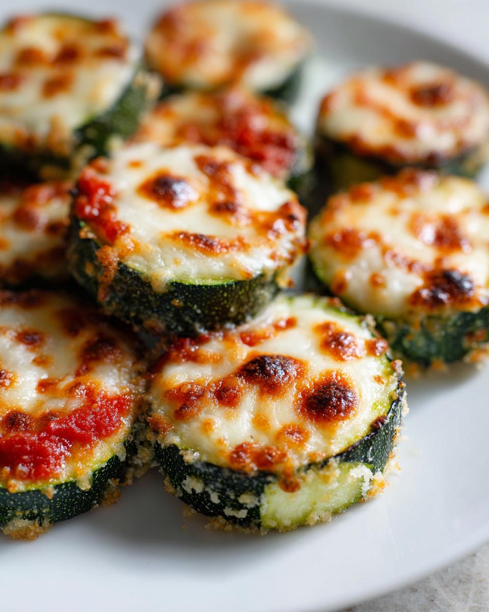 Close-up of several baked zucchini pizza bites topped with melted, browned mozzarella cheese and tomato sauce.