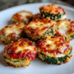A close-up of several golden-brown zucchini pizza bites topped with melted, bubbly mozzarella cheese and tomato sauce.