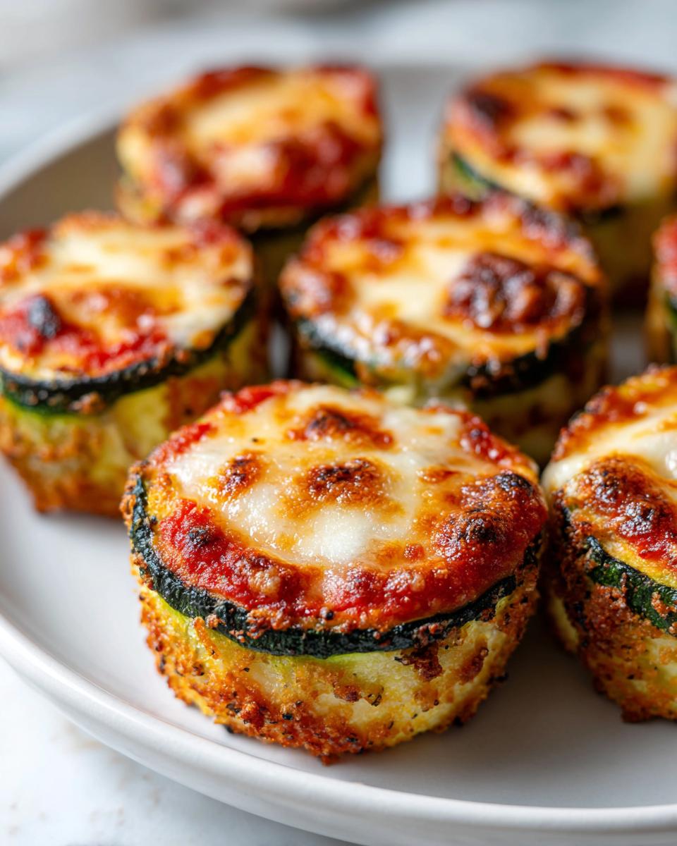 Close-up of several baked zucchini pizza bites stacked with zucchini slices, sauce, and melted, browned mozzarella cheese.