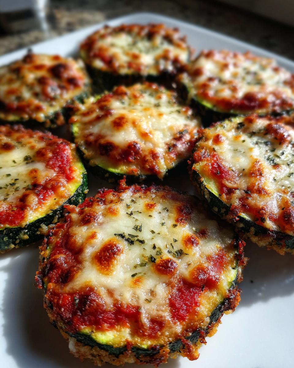 Close-up of several baked zucchini pizza bites topped with melted, browned mozzarella cheese and herbs.