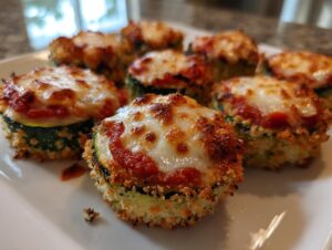 Several golden-brown zucchini pizza bites topped with marinara sauce and melted, bubbly mozzarella cheese.