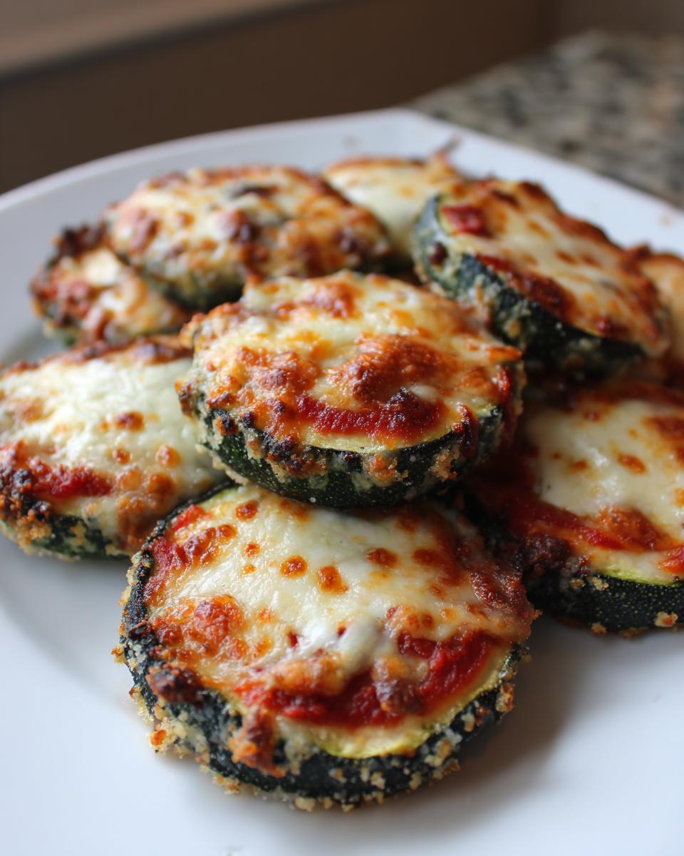 Close-up of several baked zucchini pizza bites topped with melted, browned mozzarella cheese and tomato sauce.