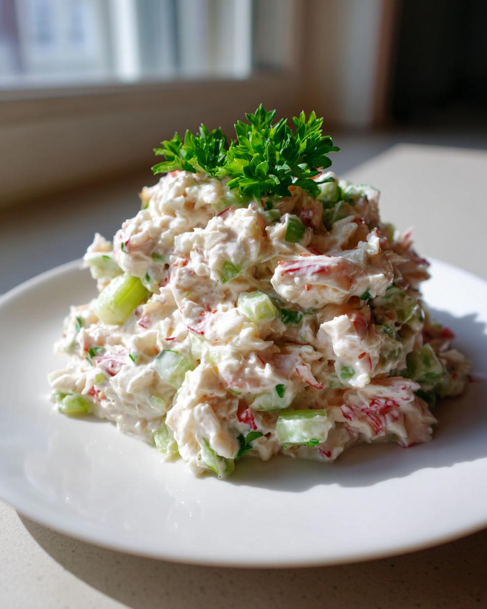 A mound of creamy crab salad with visible chunks of celery and red pepper, garnished with fresh parsley.
